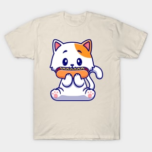 Cute Cat Eating Hotdog Cartoon T-Shirt